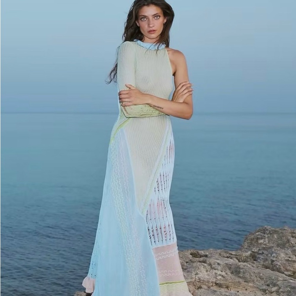 Roberta Einer Pastel Knit Top with Lace Trim